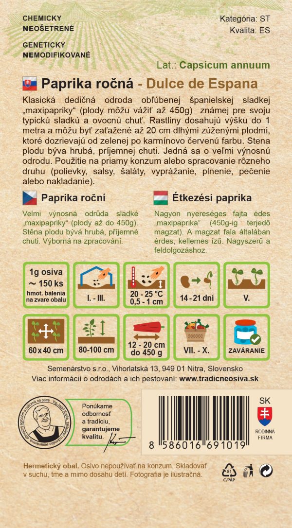 Paprika ročná DULCE DE ESPANA 0,7g Semenárstvo popis